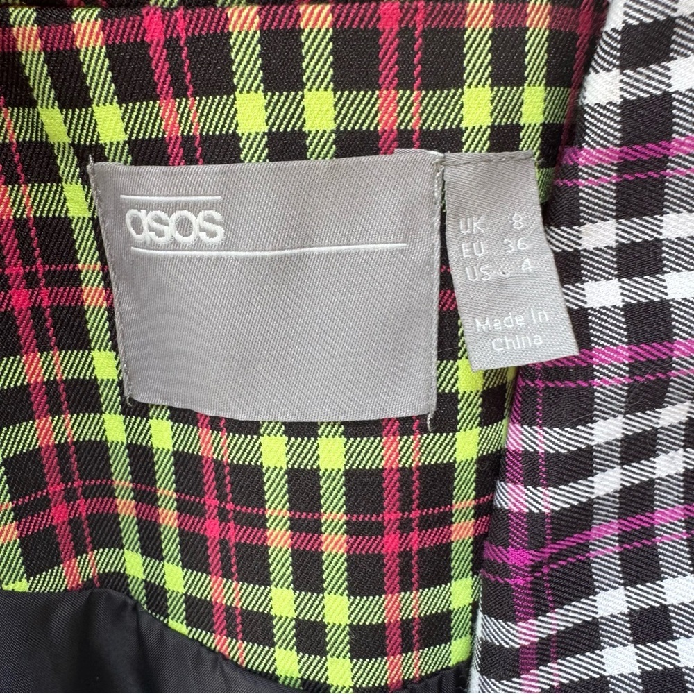 ASOS Women’s Neon Pink/Yellow Plaid Checkered Trench Double Breasted Blazer Sz 4 - Picture 4 of 5